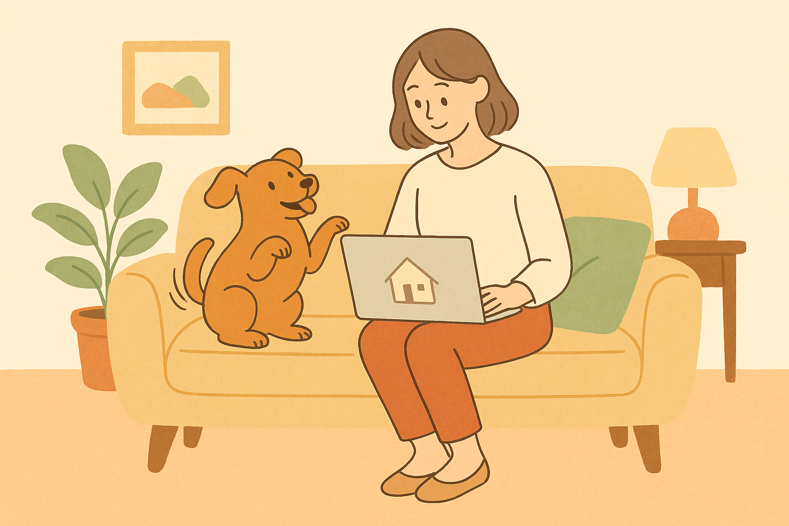 悩んでいる女性と犬のイラスト