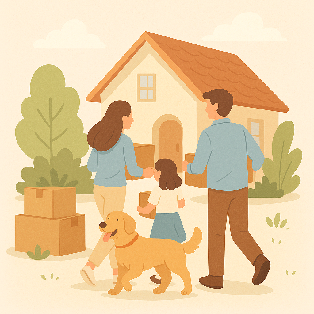 犬と引っ越しする家族のイラスト
