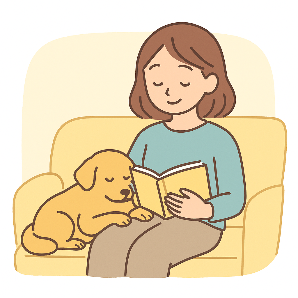 愛犬と女性が本を読むイラスト